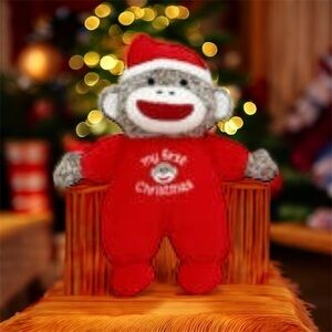 Baby Starters My First Christmas Sock Monkey Christmas 9”Plush Rattle Toy